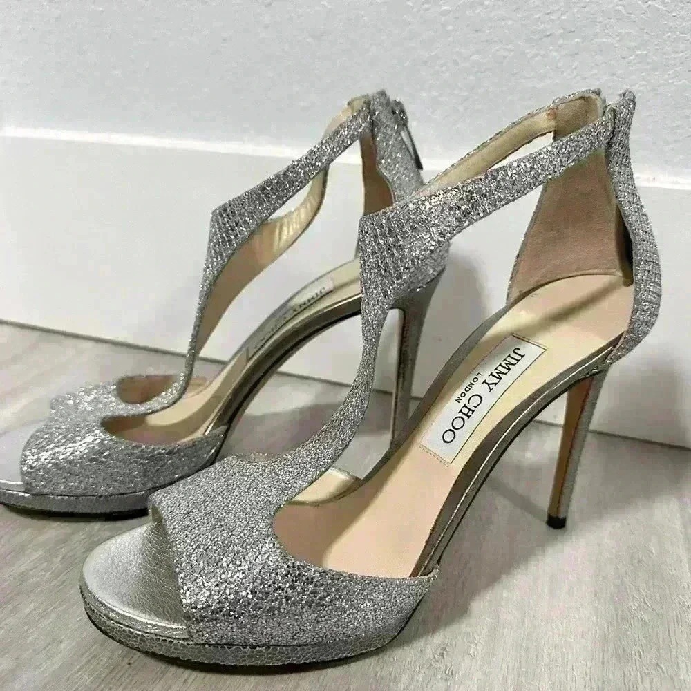 Jimmy Choo Silver Glitter Platform‎ Stiletto Heels Sandals Women Size 38.5 us 8
